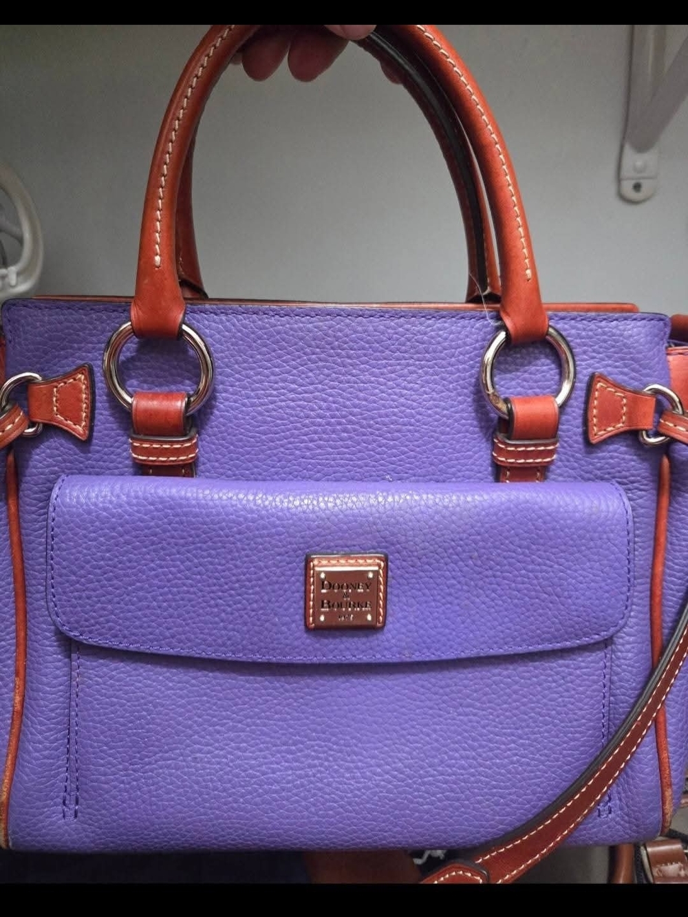 Dooney & Bourke Violet Pebbled Leather Satchel with Brown Trim